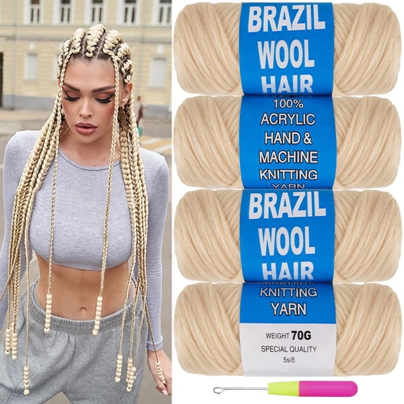 Brazilian Wool Hair Acrylic Yarn for African Crochet Braids Sengalese Twists Crochet Hair Jumbo Braids Goddess Locs Soft Faux Locs Synthetic Hair Extension 70G/Roll