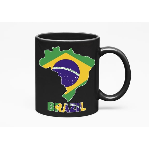 Brazilian or Brazil Flag in Map Outline, Black 11oz Ceramic Mug