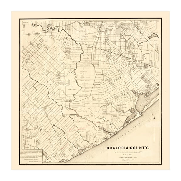 Brazoria County Texas Art, 1877 Vintage Map of Brazoria County TX History Wall Decor Gift, Old Brazoria County TX Map - 42" x 42" Unframed Print
