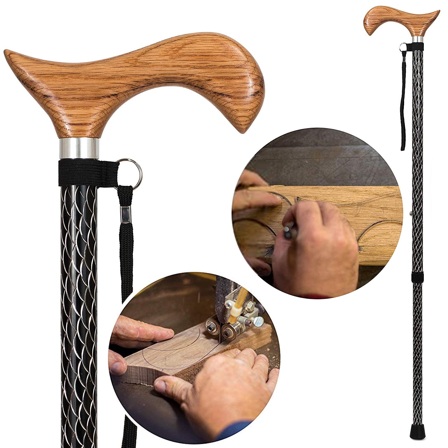 Adjustable Silver Aluminum Walking Cane with Oak Handle