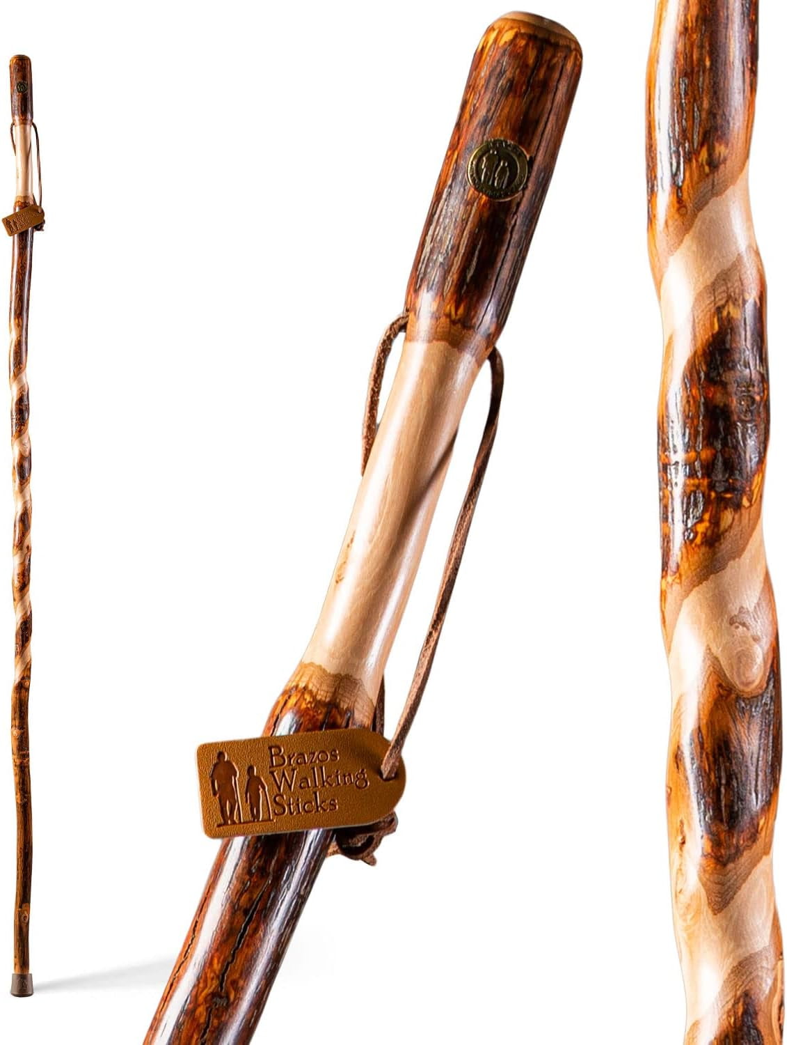 Brazos Twisted Hickory Wood Walking Stick with Rubber Tip, 48 Inch