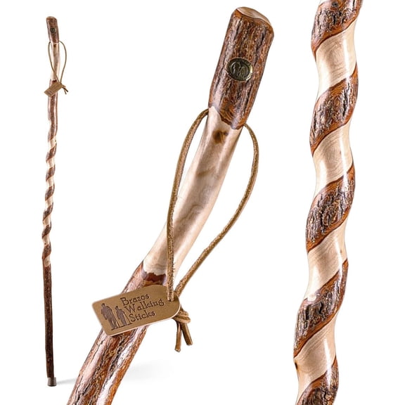 Brazos Rustic Wood Walking Stick, Twisted Sassafras, Traditional Style Handle, for Men & Women, 58"