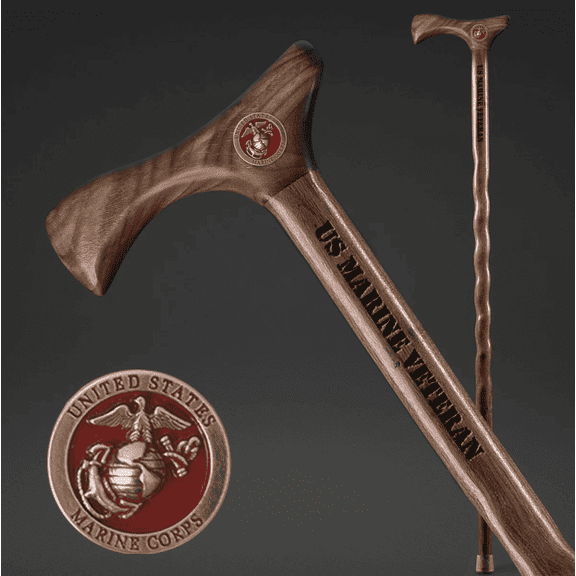 Brazos US Veterans Marines Handcrafted Walnut Walking Cane - 37" Solid Wood Military Commemorative Stick For Men and Women - Made in USA