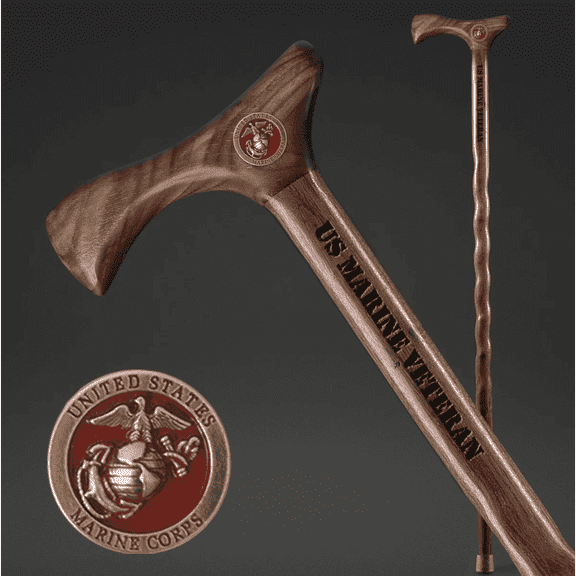 Brazos US Veterans Marines Handcrafted Walnut Walking Cane - 37" Solid Wood Military Commemorative Stick For Men and Women - Made in USA