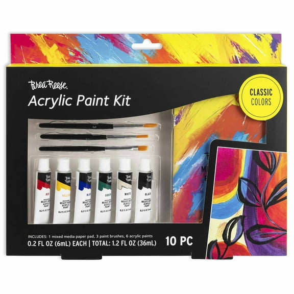 Brea Reese: Acrylic Paint Kit - Classic Colors - 10pc Art Set, 3 Brushes, 6 Paint Tubes, Paper Pad, Rich Pigment-Heavy Body, Adult Craft Supplies Kit