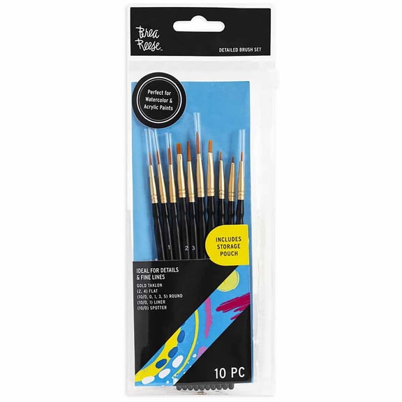 Brea Reese: Brush Set: Detailed Pack - 10pc - Gold Taklon Bristles, Storage Pouch, Perfect for Watercolor & Acrylic Paints, Adult Art Supplies