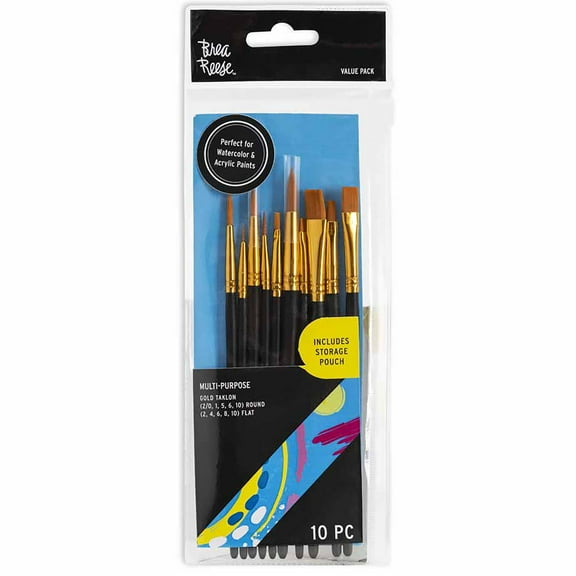 Brea Reese: Brush Set: Value Pack - 10pc - Gold Taklon Bristles, Storage Pouch, Perfect for Watercolor & Acrylic Paints, Adult Art Supplies