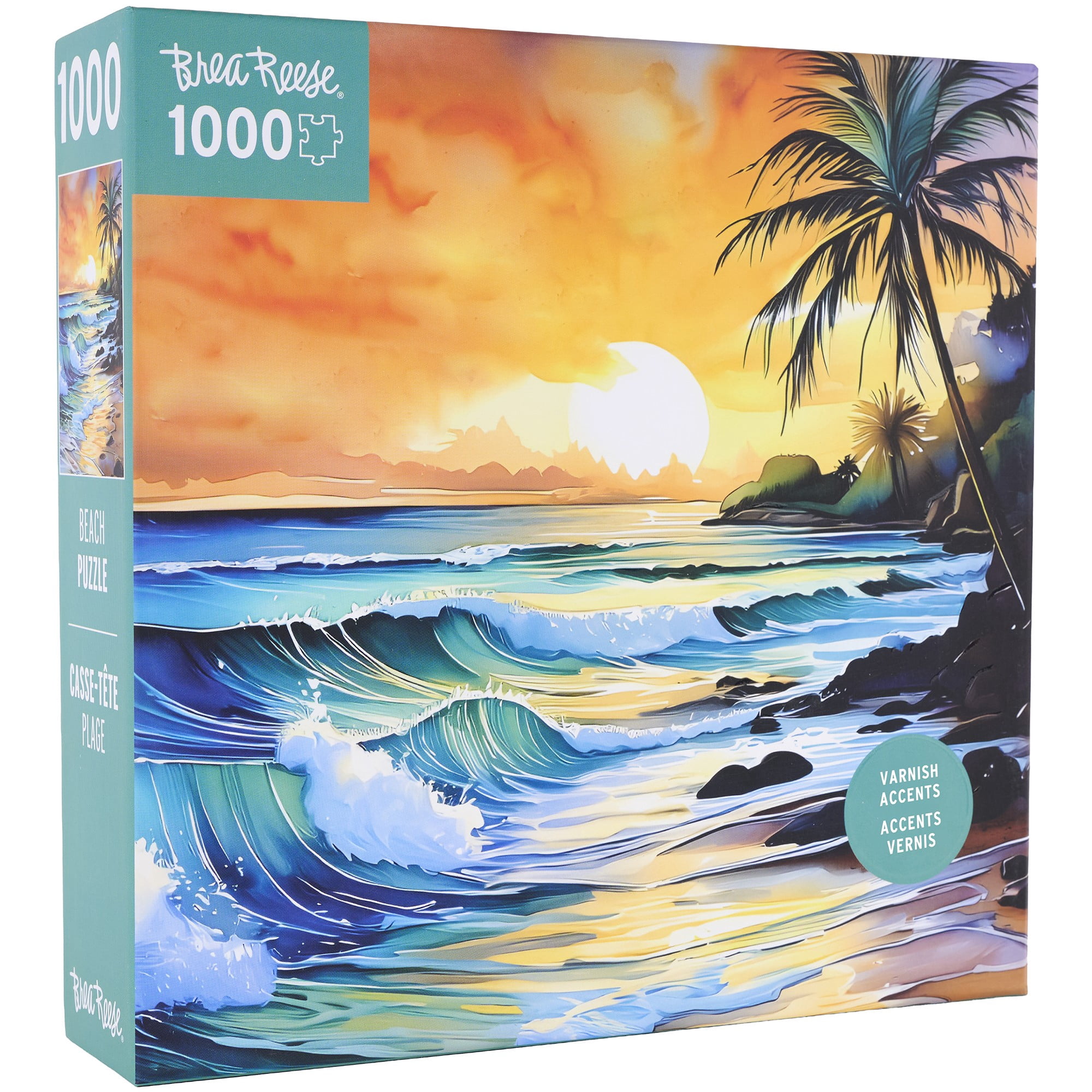 Brea Reese: 1000 Piece Puzzle - Beach - Waves & Palm Trees Sunset Scene, Adult Jigsaw, UV Varnish Accents, Image Reference Poster, 19.25 x 26.75"