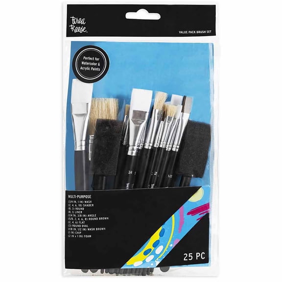 Brea Reese: Brush Set: Value Pack - 25pc - Premium Natural Boar Bristles, Storage Pouch, Perfect for Watercolor & Acrylic Paints, Adult Art Supplies