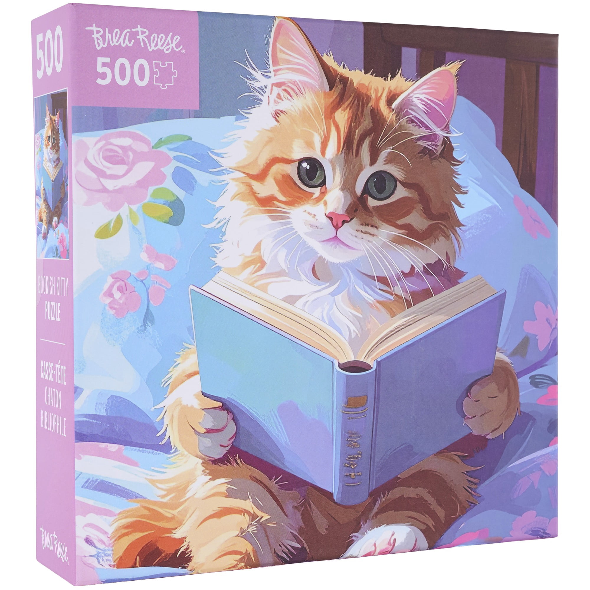 Brea Reese: 500 Piece Puzzle - Bookish Kitty - Cozy Floral Bedding & Animal Reading Scene, Adult Jigsaw, Snap-Fit, Soft-Touch, Image Reference Poster