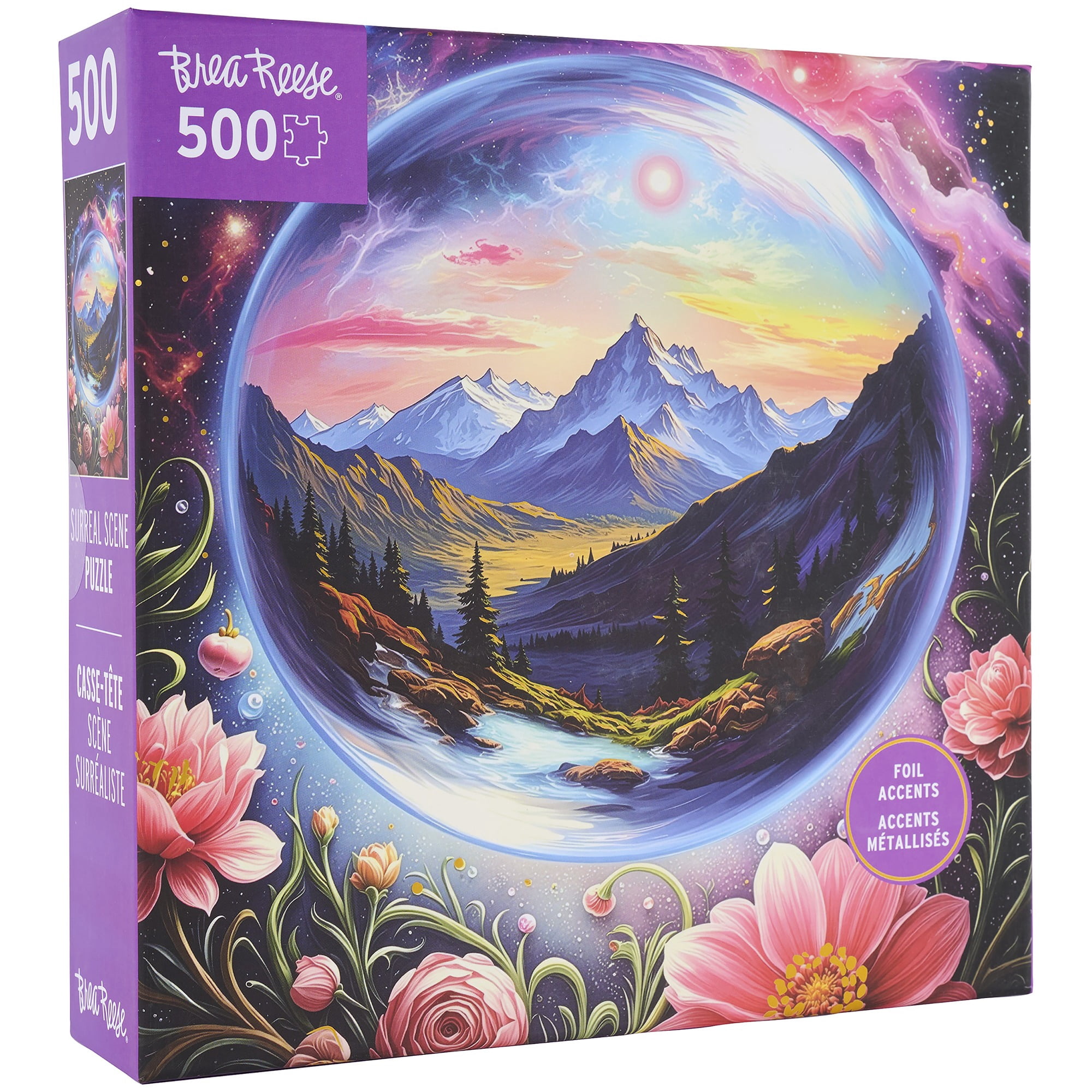 Brea Reese: 500 Piece Puzzle - Surreal Scene - Celestial Orb Framed Mountain Landscape, Adult Jigsaw, Metallic Foil, Snap-Fit, Image Reference Poster