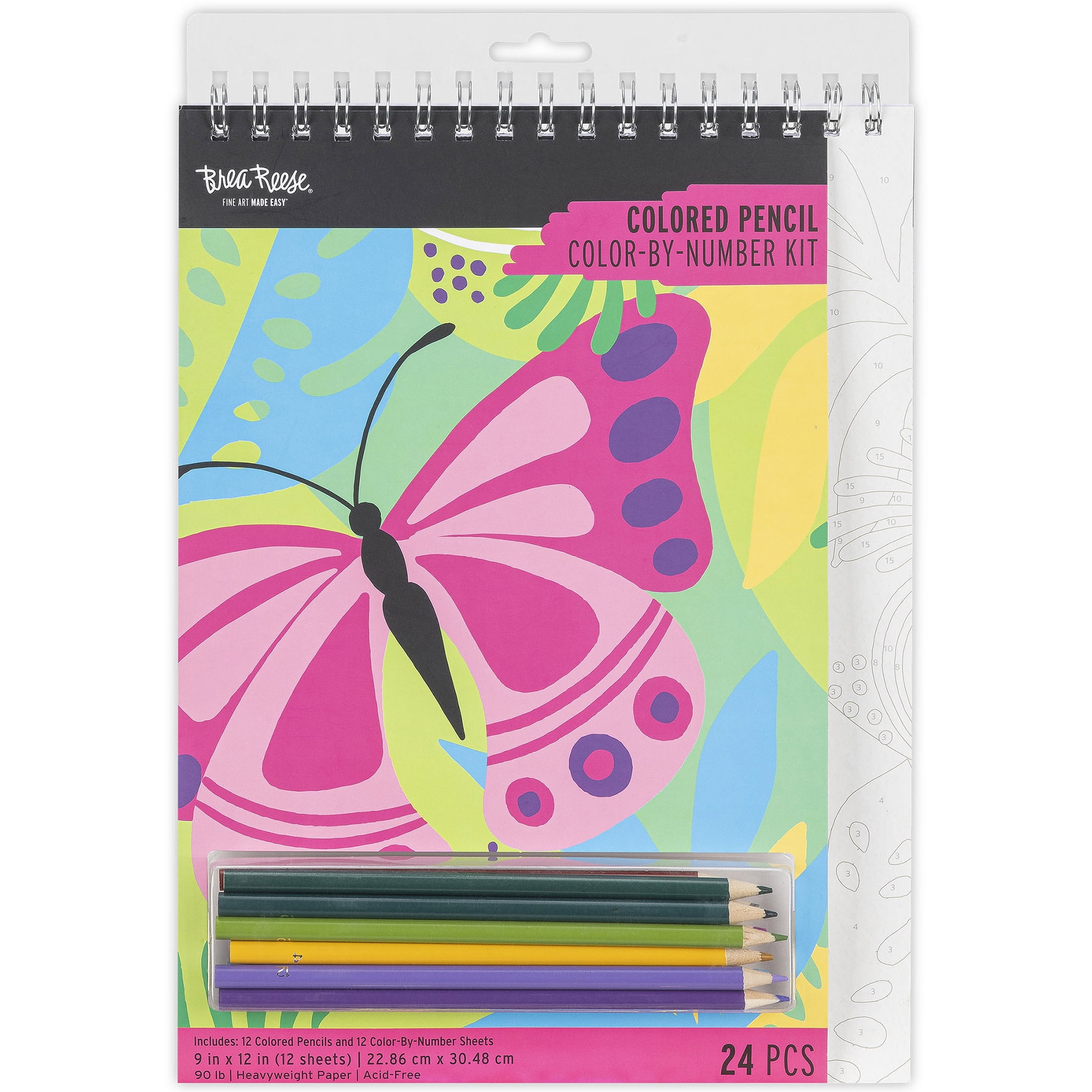 Brea Reese: Colored Pencil: Color-by-Number Kit - Butterfly - 12 Inspirational Nature Designs, Vibrant Pencils Guided Art, 9x12" Pages, Adult Art Pad