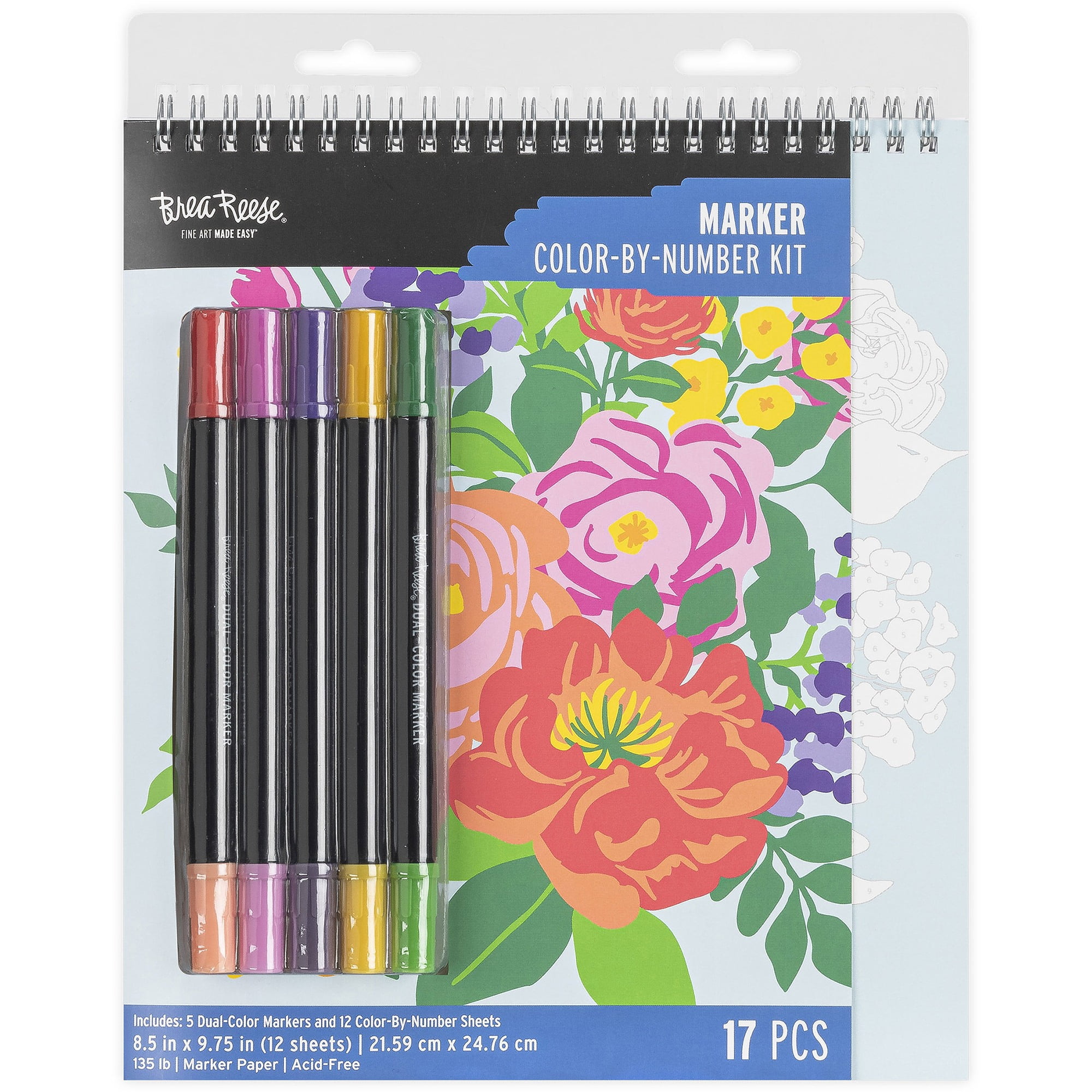 Brea Reese: Marker Color-by-Number Kit - Fruit & Floral - 5 Dual-Tip Markers, 12 Bright Designs, Guided Art, 8.5 x 9.75" Pages, Adult Spiral Art Pad
