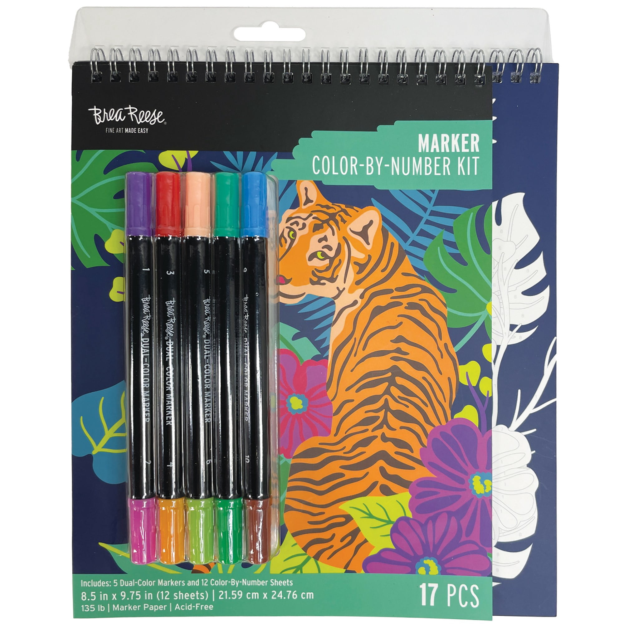 Brea Reese: Marker Color-by-Number Kit - Jungle Animals - 5 Dual-Tip Markers, 12 Nature Designs, Guided Art, 8.5 x 9.75" Pages, Adult Spiral Art Pad