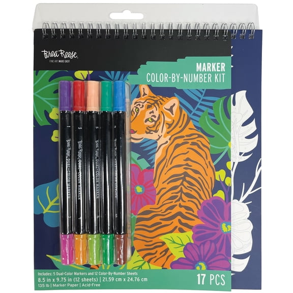 Brea Reese: Marker Color-by-Number Kit - Jungle Animals - 5 Dual-Tip Markers, 12 Nature Designs, Guided Art, 8.5 x 9.75" Pages, Adult Spiral Art Pad