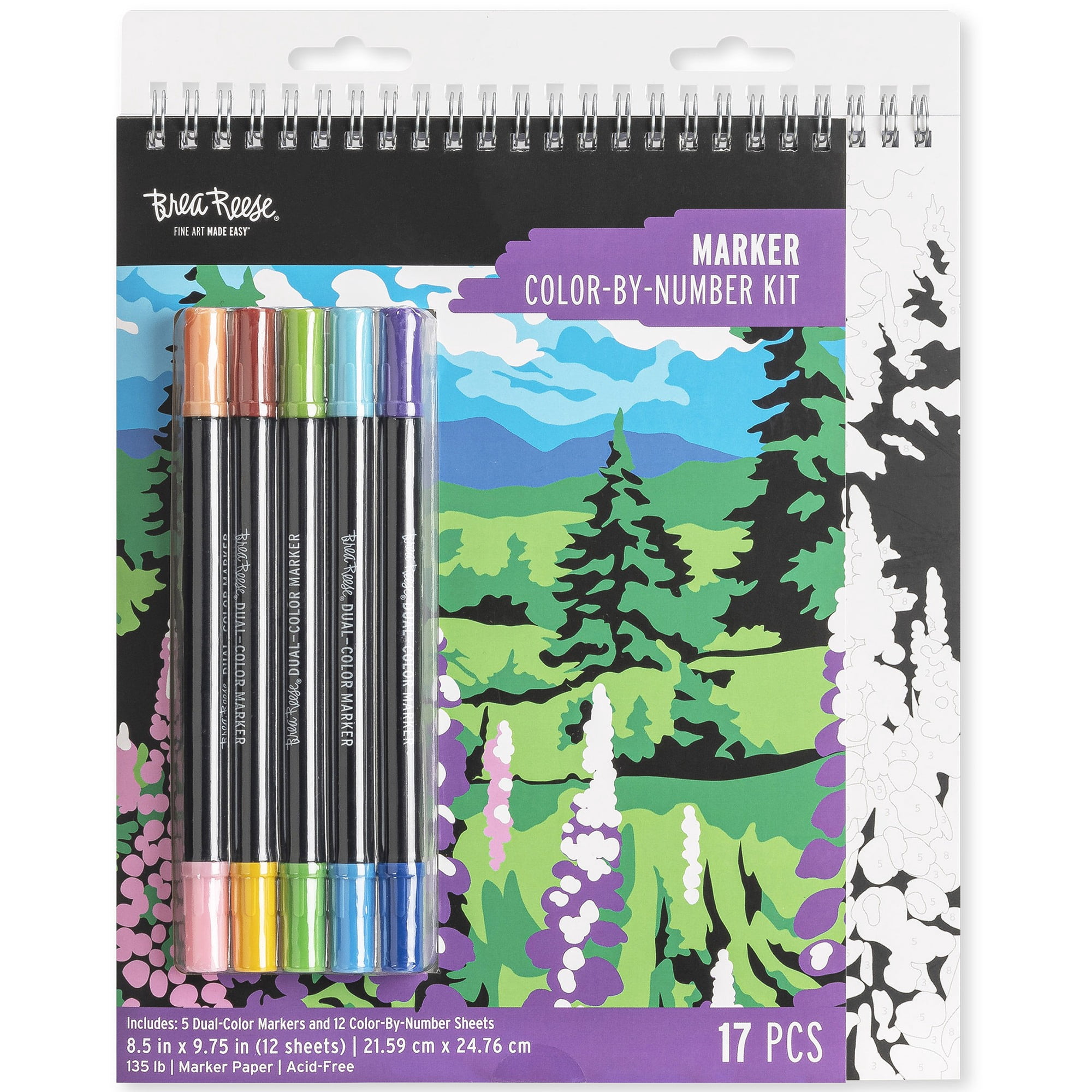 Brea Reese: Marker Color-by-Number Kit - Mountain Landscapes - 5 Dual-Tip Markers, 12 Designs, Guided Art, 8.5 x 9.75" Pages, Adult Spiral Art Pad