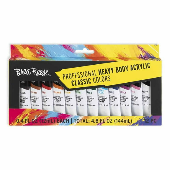 Brea Reese: Professional Heavy Body Acrylic Paint Set - Classic Colors - 12 Tubes - Rich Pigments, Water-Based & Non-Toxic, Adult Art Supplies