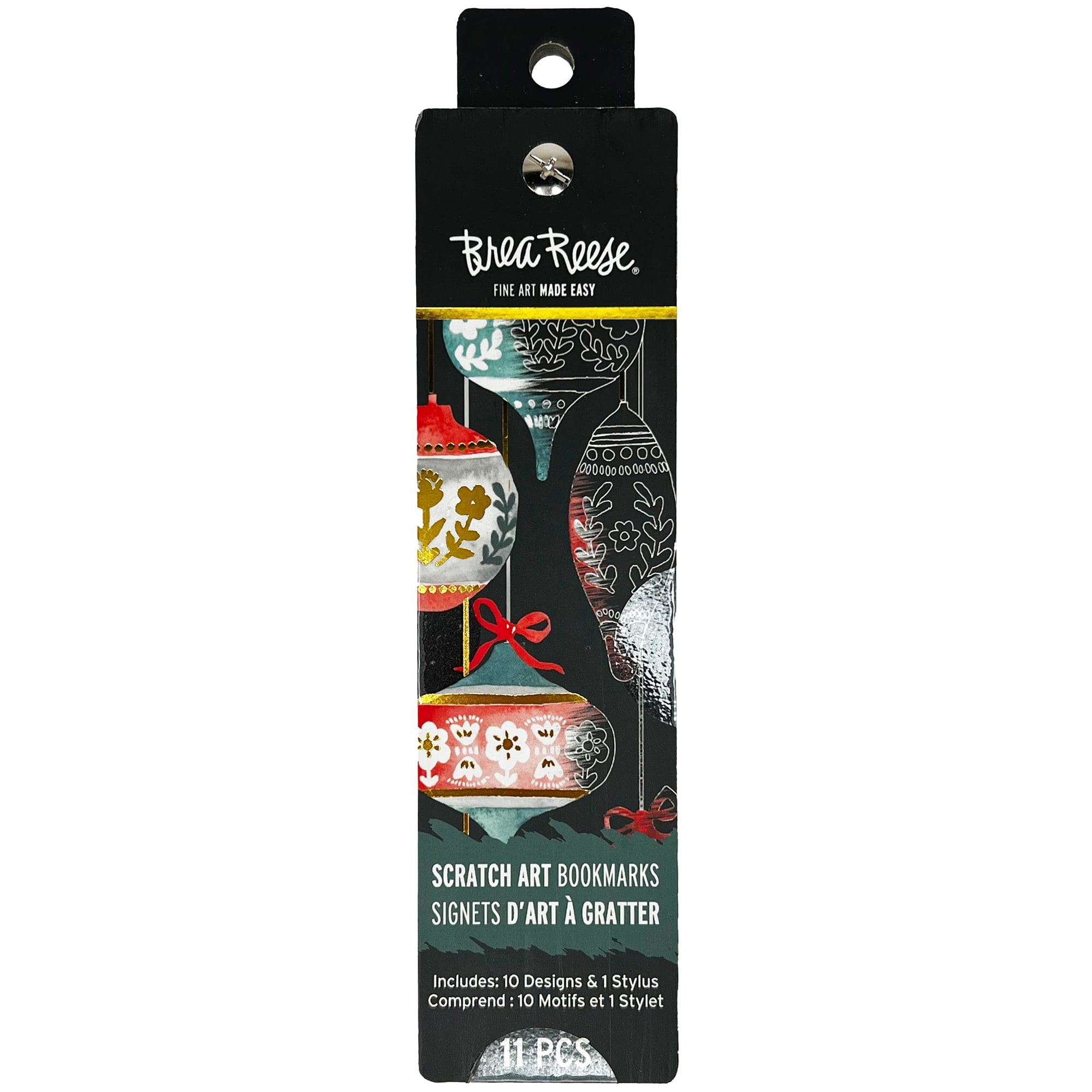 Brea Reese: Scratch Art Bookmark Kit - Ornaments - 10 Holiday-Themed Bookmarks, Wooden Stylus, Metallic Accents, Guided Art, DIY Christmas Adult Craft