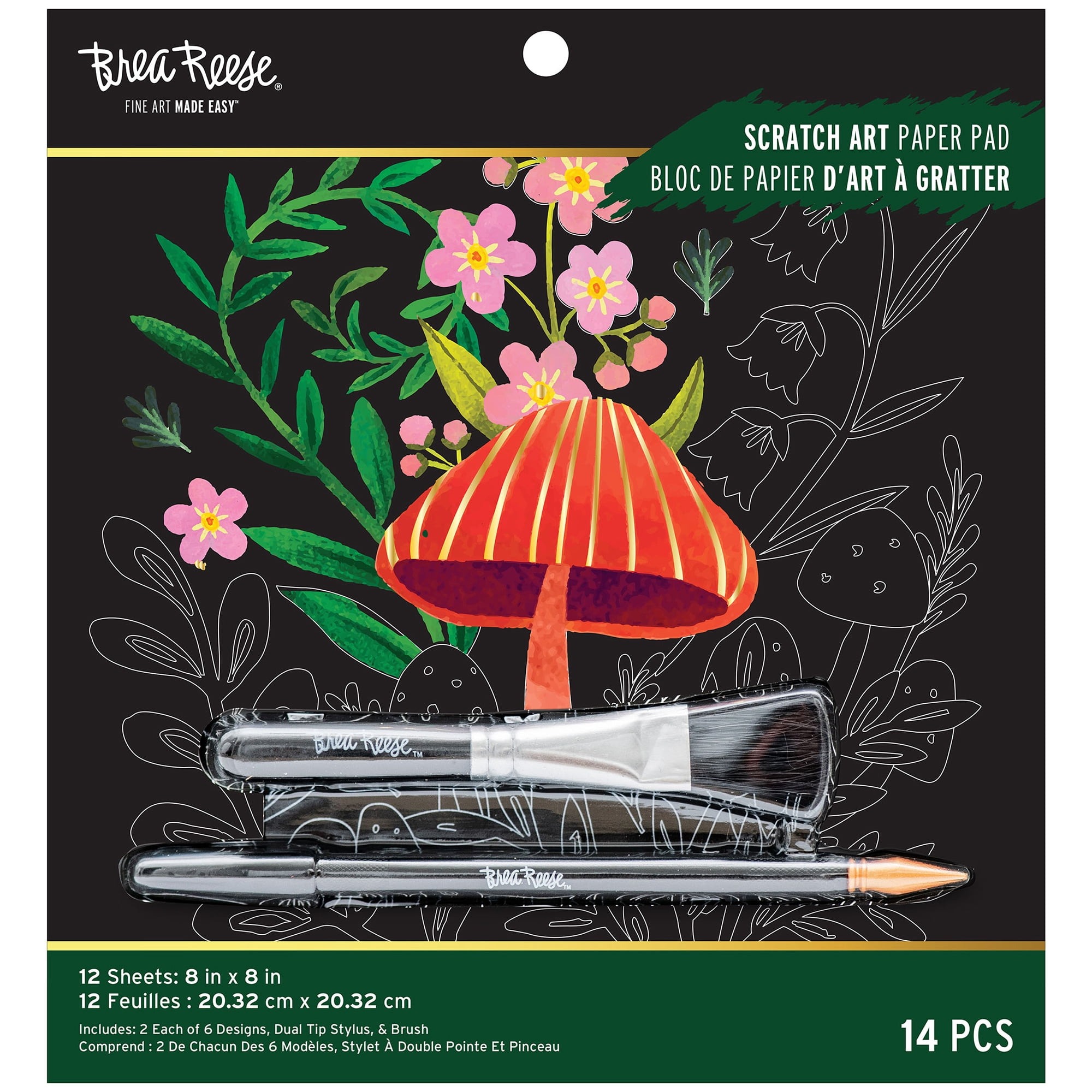 Brea Reese: Scratch Art Paper Pad - Woodland - 12 Sheets, 6 Guided Nature Designs, Metallic Accents, Dual-Tip Stylus & Brush, 8x8" Pages, Adult Craft