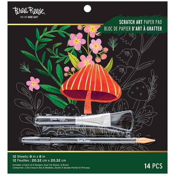 Brea Reese: Scratch Art Paper Pad - Woodland - 12 Sheets, 6 Guided Nature Designs, Metallic Accents, Dual-Tip Stylus & Brush, 8x8" Pages, Adult Craft