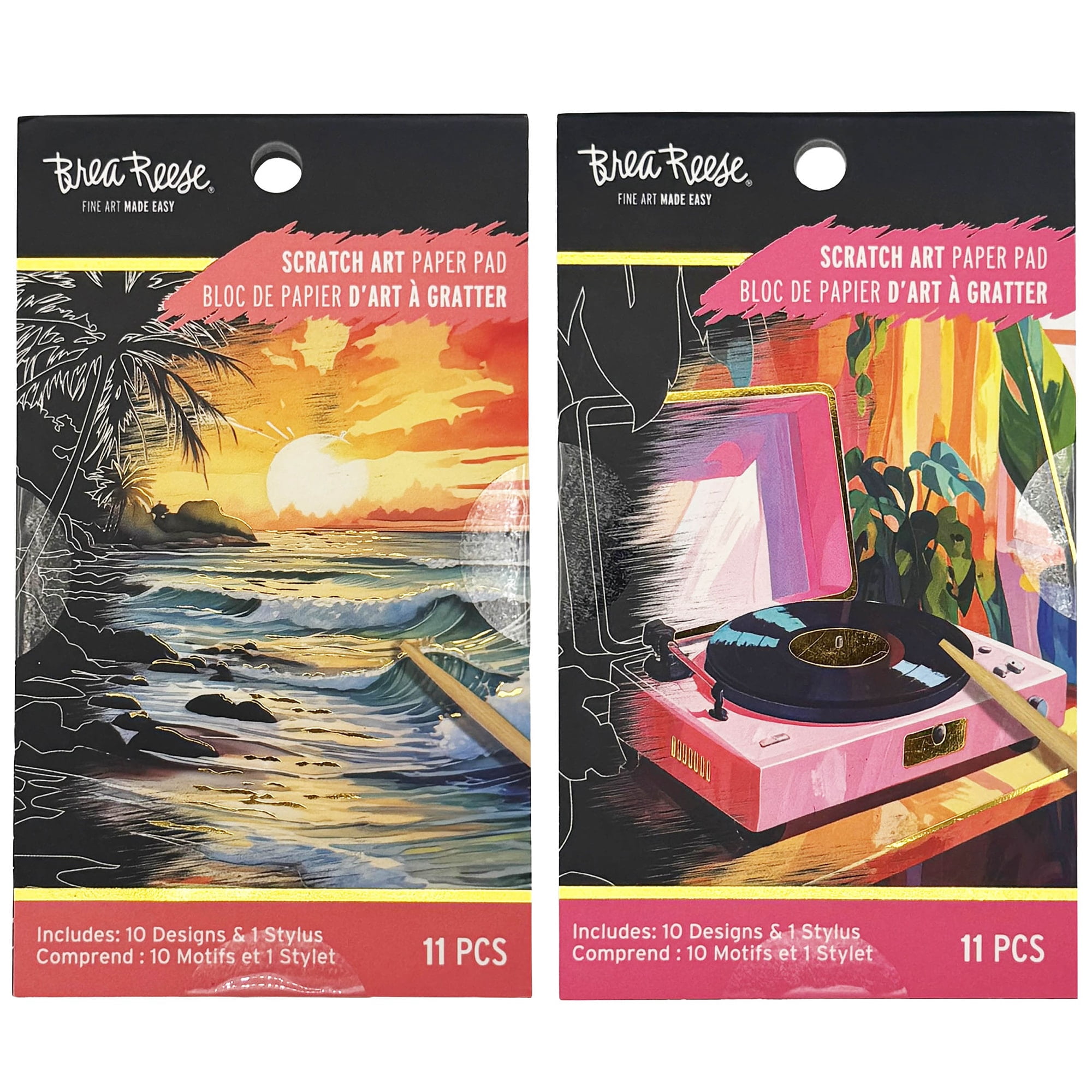Brea Reese: Scratch Art Paper Pad 2 Pack - Beach Bum & Record Player - 20 Design Assortment, Metallic Accents, Wooden Stylus, 6x8" Pages, Adult Craft