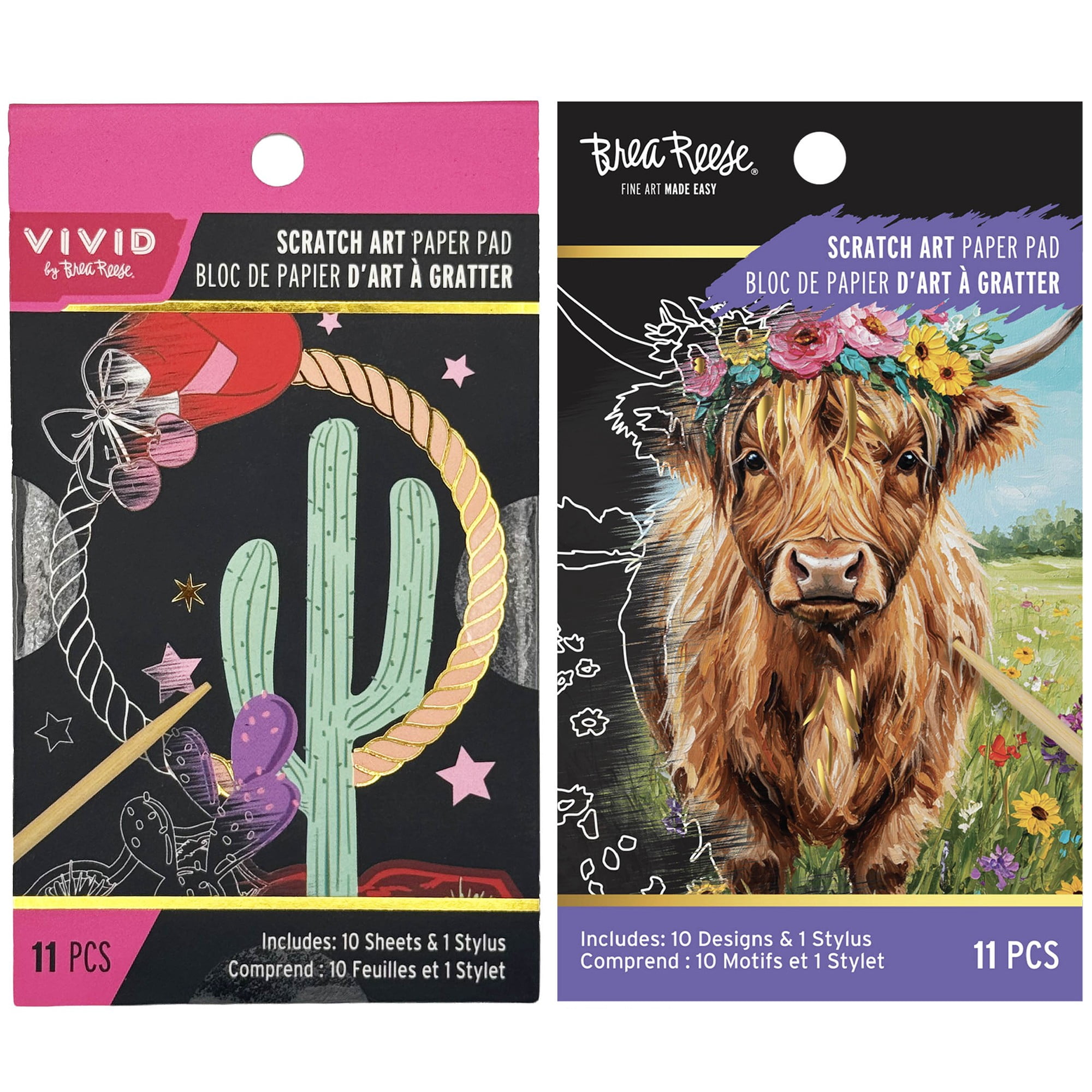 Brea Reese: Scratch Art Paper Pad 2 Pack - Rodeo Love & Highland Cow - 20 Design Assortment, Metallic Accents, Wooden Stylus, 6x8" Pages, Adult Craft