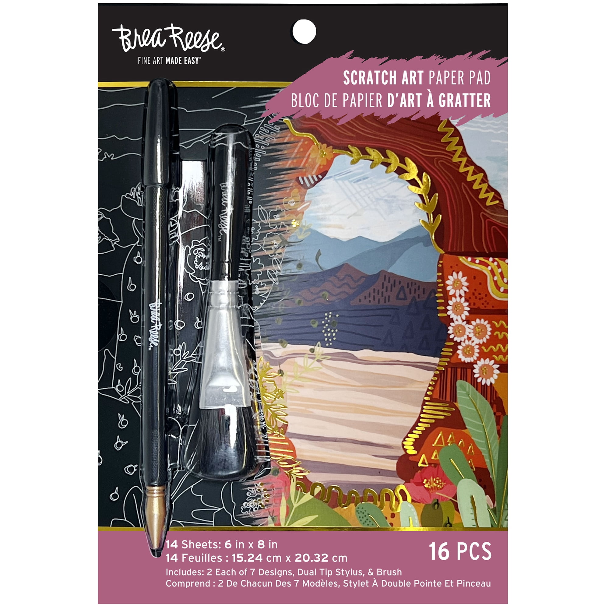 Brea Reese: Scratch Art Paper Pad - Arches & Canyons - 14 Sheets, 7 Guided Art Designs, Metallic Accents, Stylus & Brush, 6x8" Pages, DIY Adult Craft