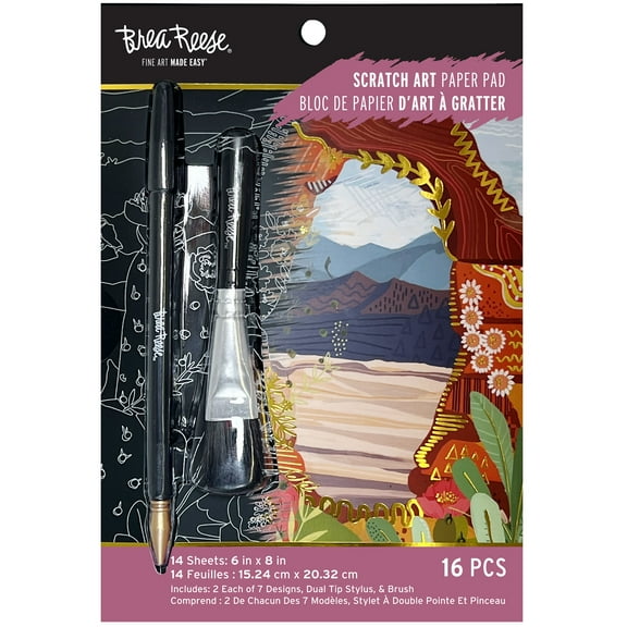 Brea Reese: Scratch Art Paper Pad - Arches & Canyons - 14 Sheets, 7 Guided Art Designs, Metallic Accents, Stylus & Brush, 6x8" Pages, DIY Adult Craft