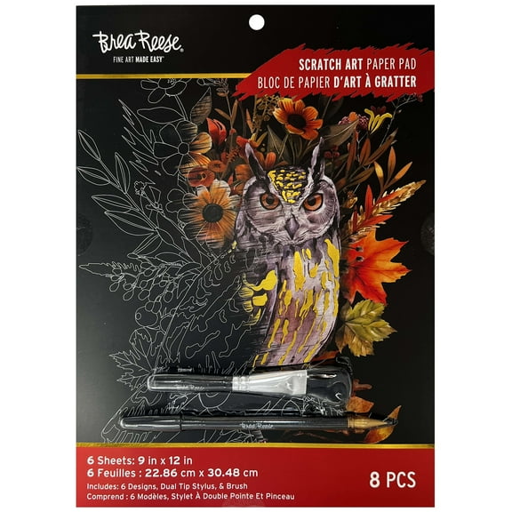 Brea Reese: Scratch Art Paper Pad - Autumn Equinox - 6 Designs, Guided Art, Metallic Accents, Stylus & Brush, Perforated 9x12" Pages, DIY Adult Craft