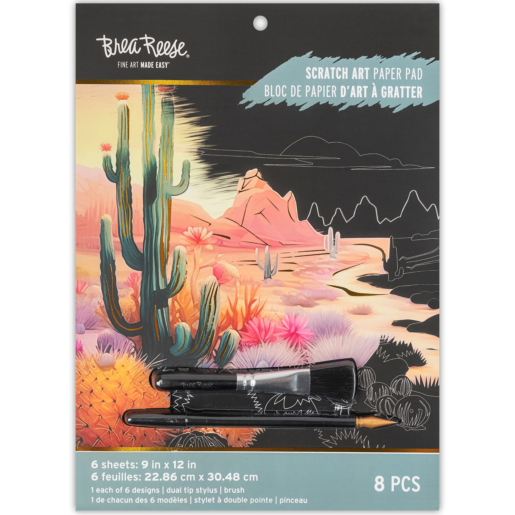 Brea Reese: Scratch Art Paper Pad - Cactus - 6 Landscape Designs, Guided Art, Metallic Accents, Dual-Tip Stylus & Brush, 9x12" Pages, Adult Craft