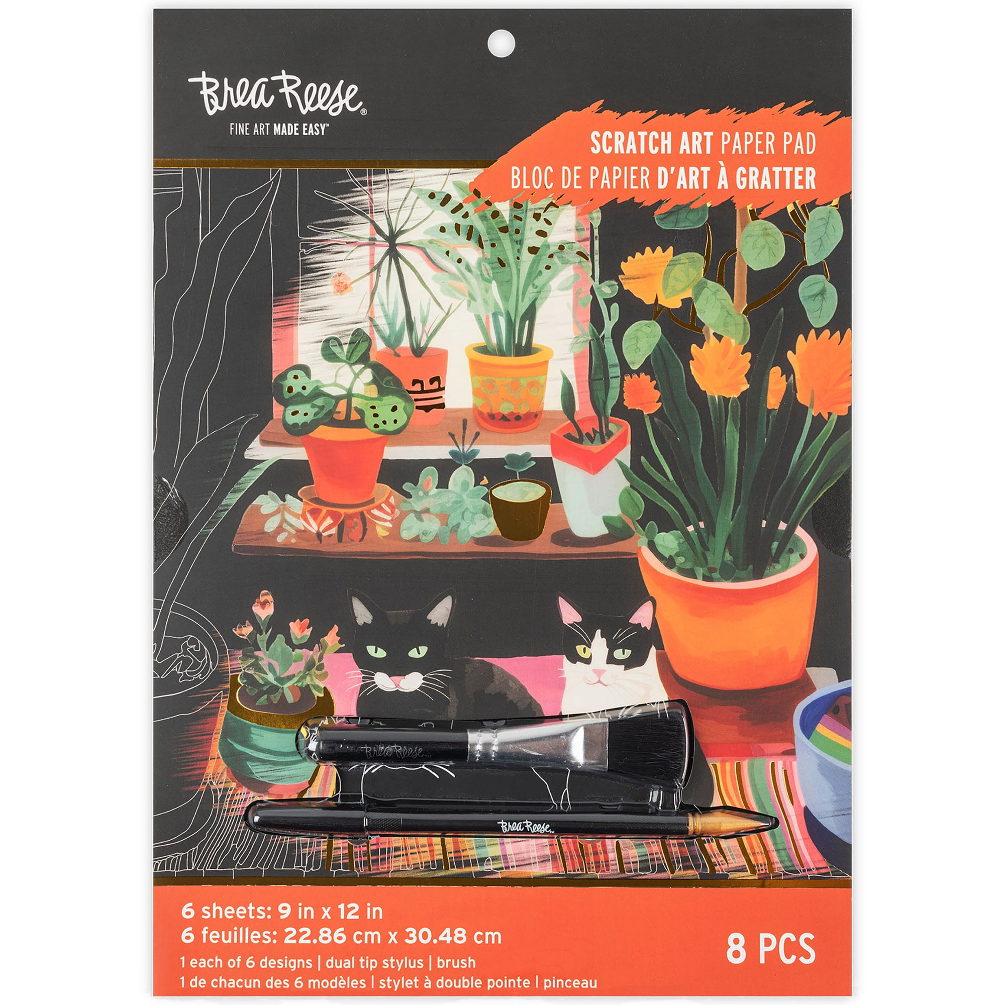 Brea Reese: Scratch Art Paper Pad - Cozy Cats - 6 Designs, Guided Art, Metallic Accents, Dual-Tip Stylus & Brush, 9x12" Pages, Adult Craft