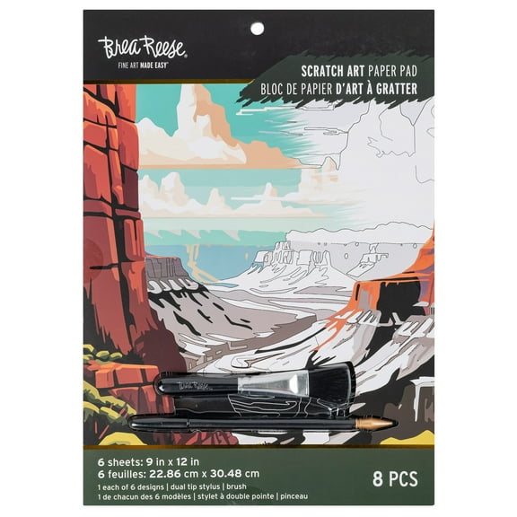 Brea Reese: Scratch Art Paper Pad - Destinations - 6 Designs, Metallic Guided Art, Dual-Tip Stylus & Brush, Easy-to-Frame 9x12" Pages, Adult Craft Kit