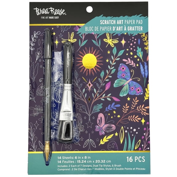 Brea Reese: Scratch Art Paper Pad - Enchanted Wood - 2 Each of 7 Designs, Foil Accents, Dual-Tip Stylus & Brush, Easy-to-Frame 6x8 Pages, Adult Craft