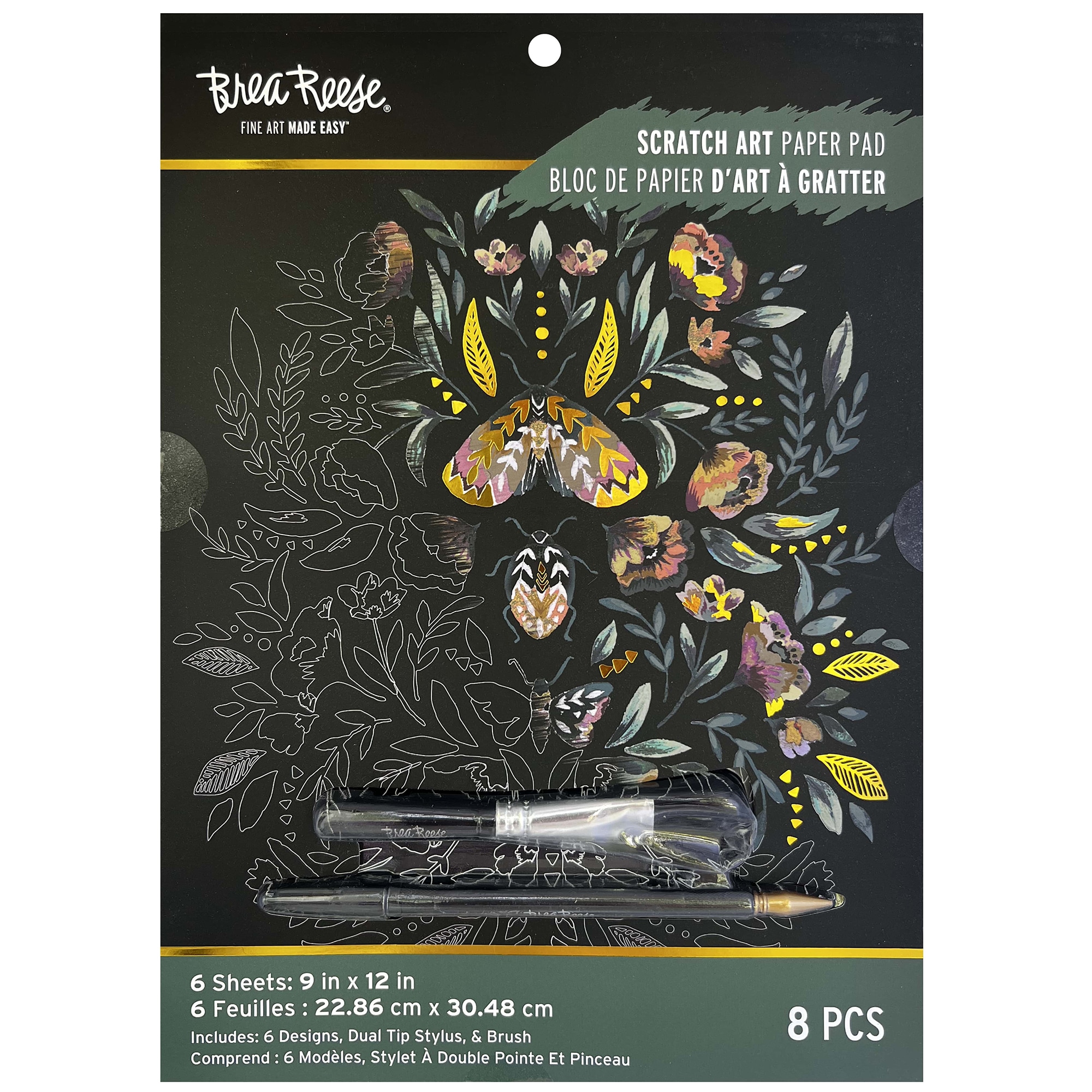 Brea Reese: Scratch Art Paper Pad - Fall Florals - 6 Designs, Guided Art, Metallic Accents, Stylus & Brush, Perforated 9x12" Pages, DIY Adult Craft