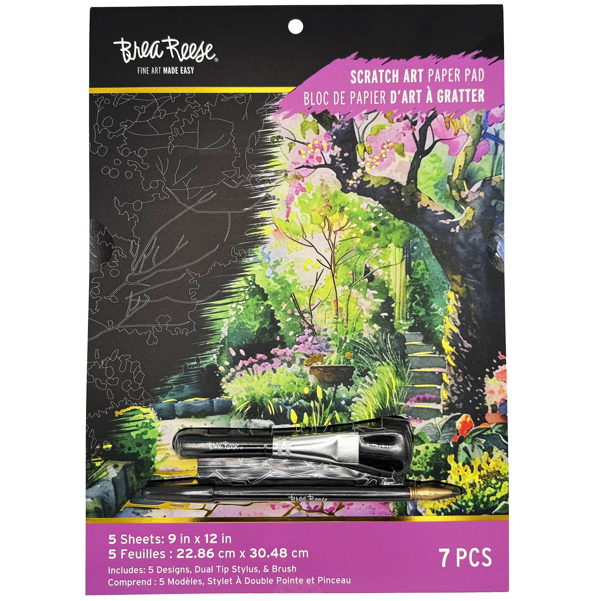 Brea Reese: Scratch Art Paper Pad - Garden Scenes - 5 Nature Designs, Metallic Foil, Dual-Tip Stylus & Brush, Easy-to-Frame 9x12" Pages, Adult Craft