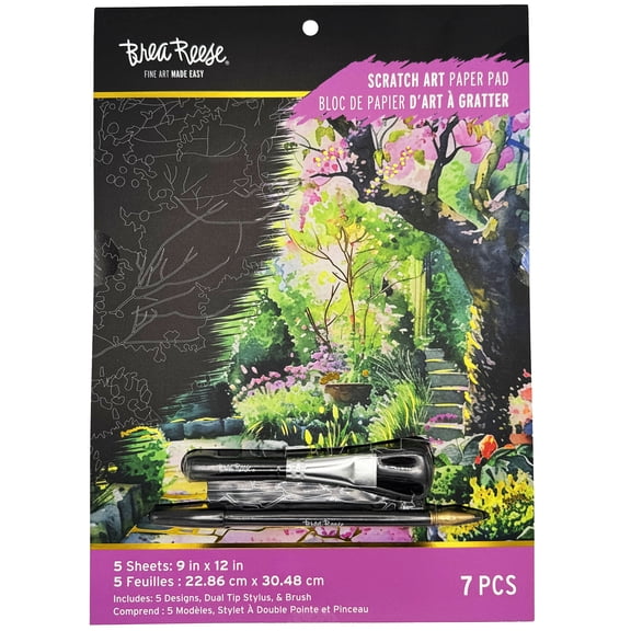 Brea Reese: Scratch Art Paper Pad - Garden Scenes - 5 Nature Designs, Metallic Foil, Dual-Tip Stylus & Brush, Easy-to-Frame 9x12" Pages, Adult Craft