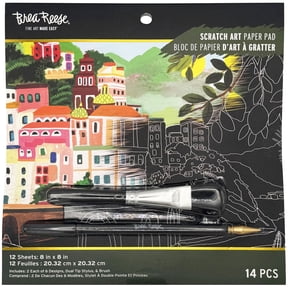 Brea Reese: Scratch Art Paper Pad - Joyful Landscapes - 12 Sheets, 6 Guided Designs, Metallic Accents, Dual-Tip Stylus, Brush, 8x8" Pages, Adult Craft
