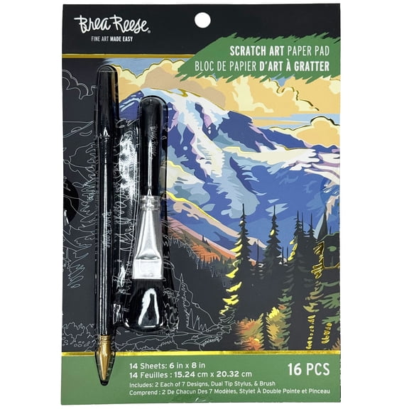 Brea Reese: Scratch Art Paper Pad - Landscape - 2 Each of 7 Designs, Metallic Foil, Dual-Tip Stylus & Brush, Easy-to-Frame 6x8 Pages, Adult Craft