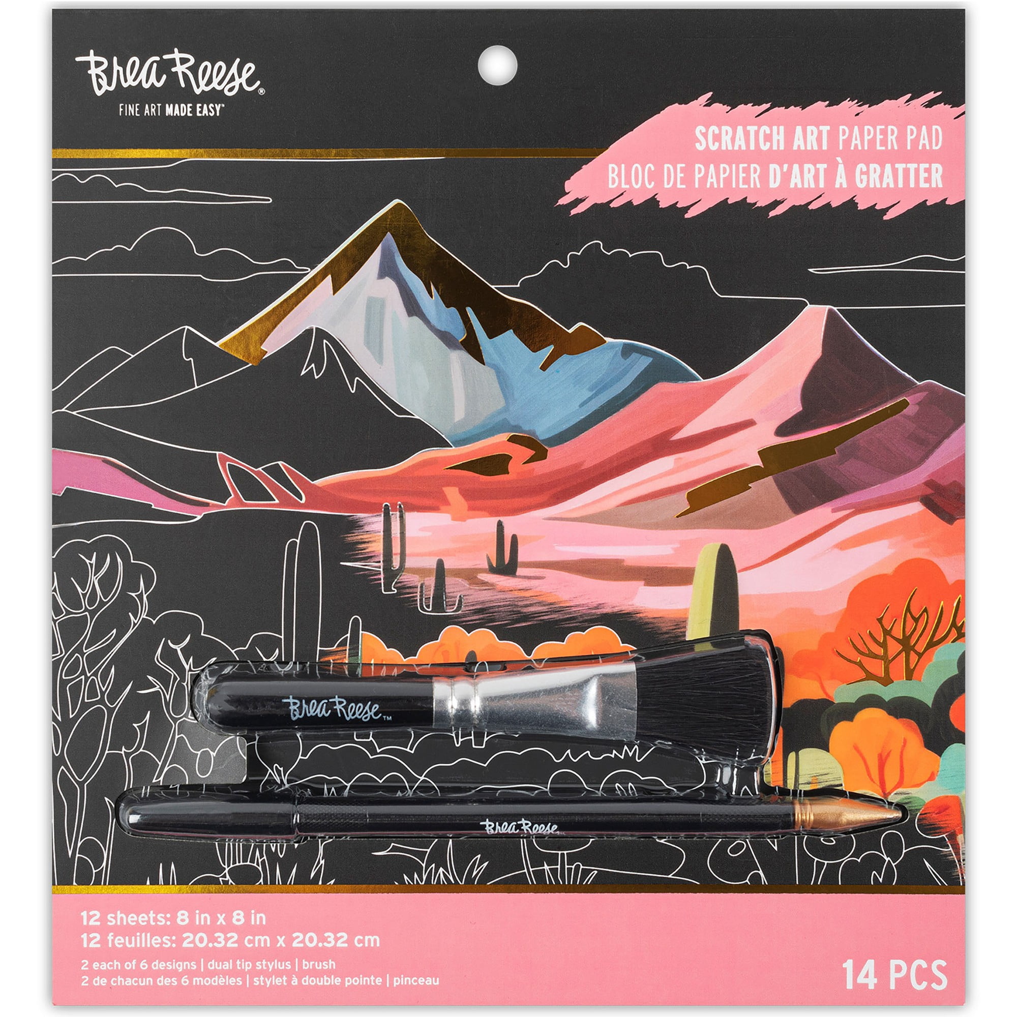 Brea Reese: Scratch Art Paper Pad - Landscape Destinations - 12 Sheets, 6 Guided Designs, Metallic Accents, Dual-Tip Stylus & Brush, 8x8" Pages, Craft