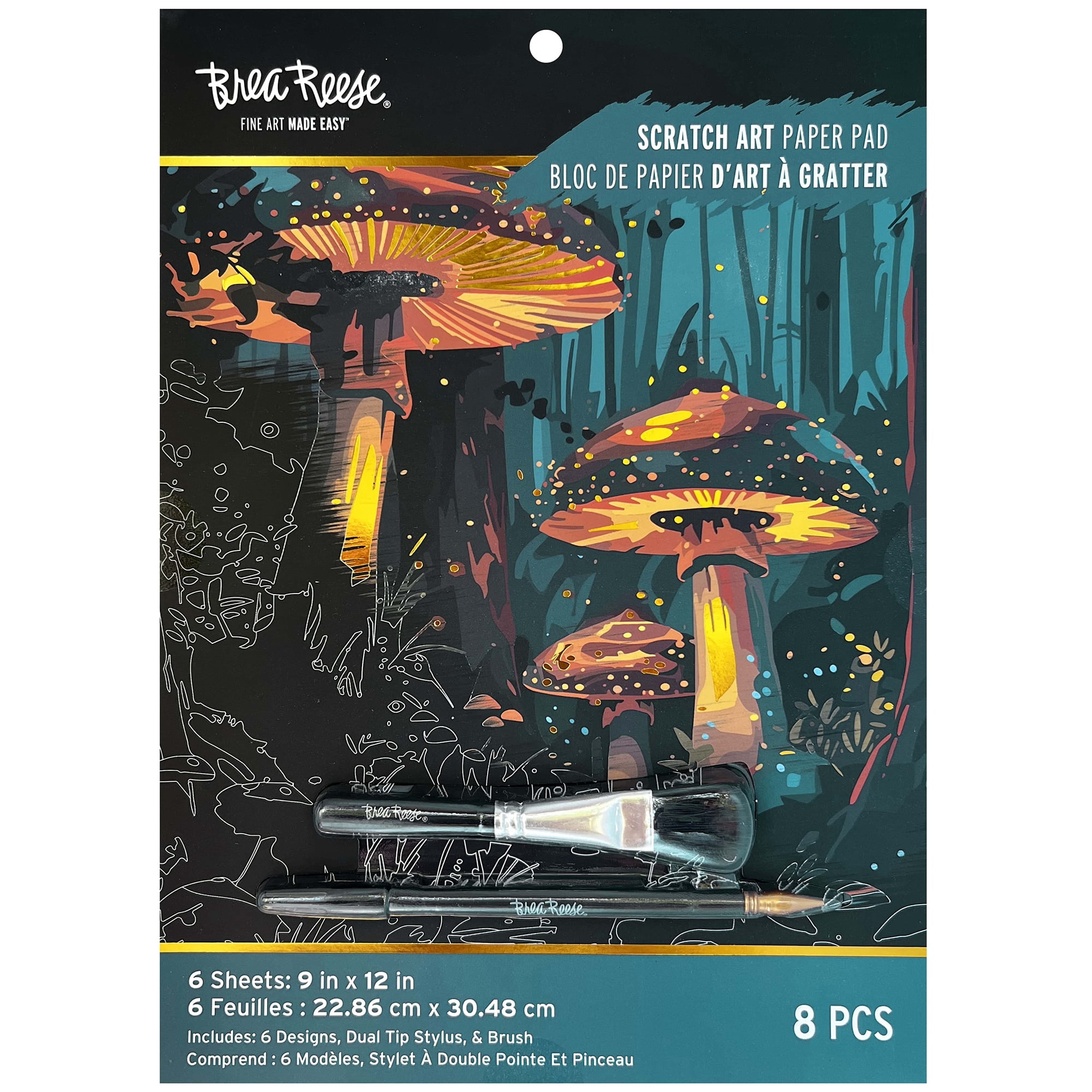 Brea Reese: Scratch Art Paper Pad - Magical Forest - 6 Designs, Guided Art, Metallic Accents, Stylus & Brush, Perforated 9x12" Pages, DIY Adult Craft