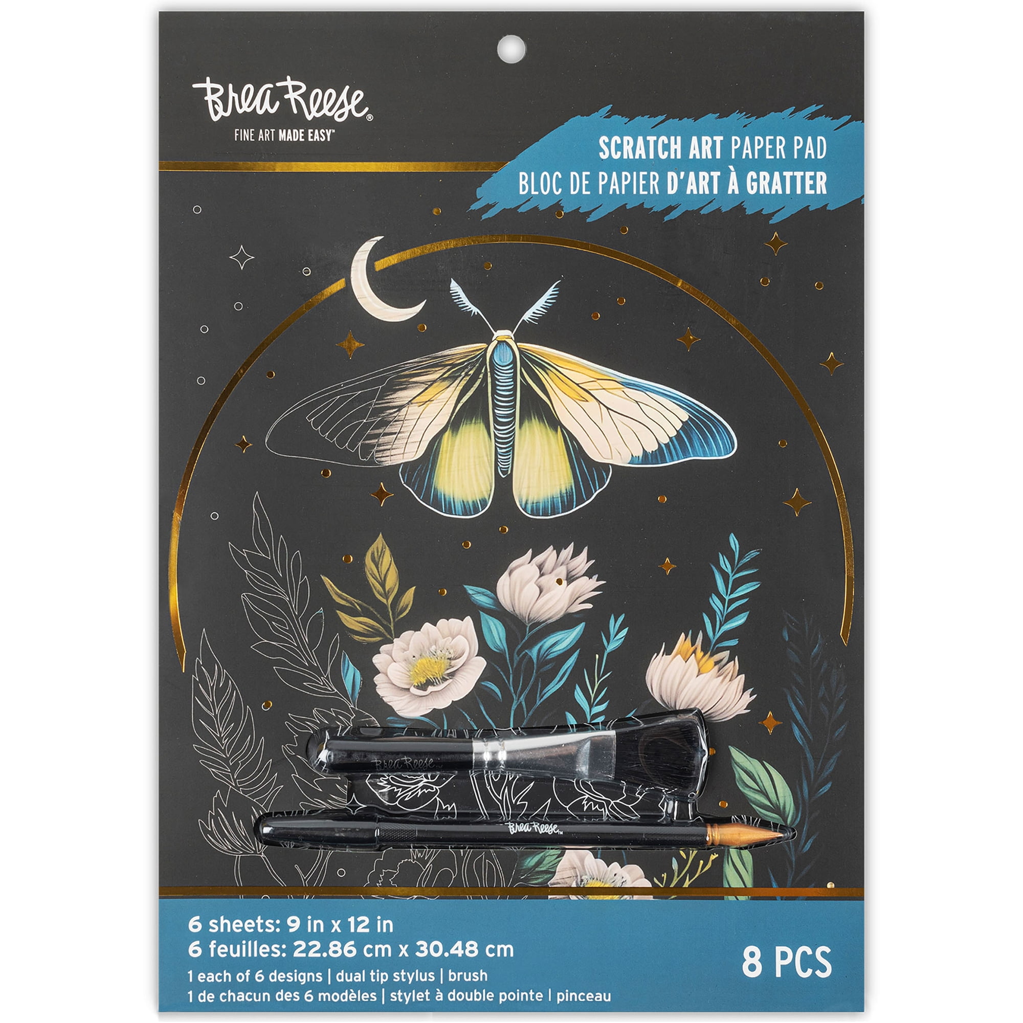 Brea Reese: Scratch Art Paper Pad - Midnight Botanicals - 6 Designs, Guided Art, Metallic Accents, Dual-Tip Stylus & Brush, 9x12" Pages, Adult Craft