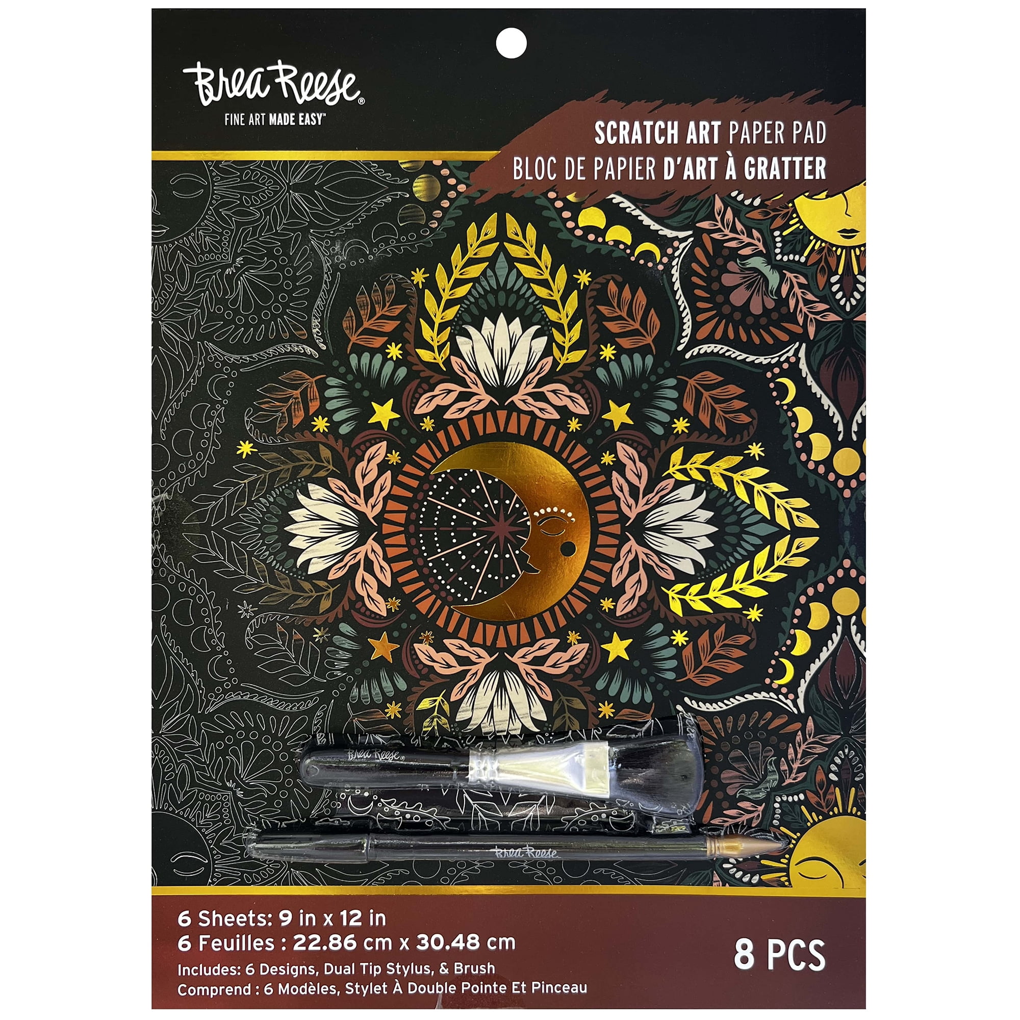 Brea Reese: Scratch Art Paper Pad - Moon & Sun - 6 Designs, Guided Art, Metallic Accents, Stylus & Brush, Perforated 9x12" Pages, DIY Adult Craft Kit