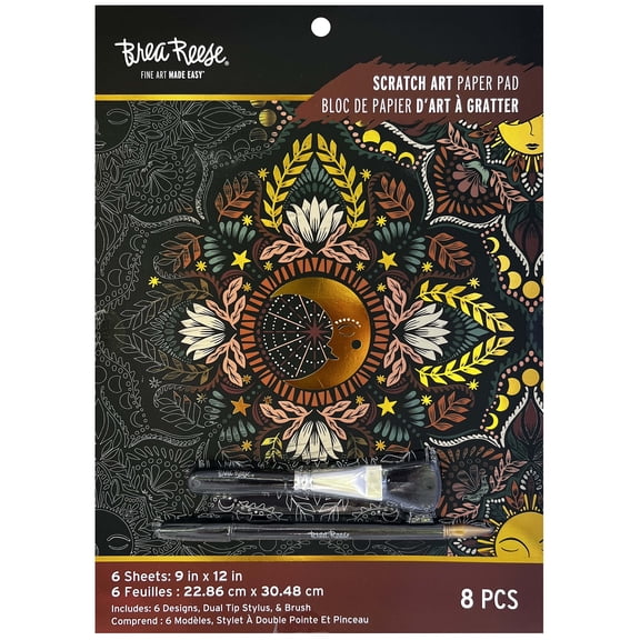 Brea Reese: Scratch Art Paper Pad - Moon & Sun - 6 Designs, Guided Art, Metallic Accents, Stylus & Brush, Perforated 9x12" Pages, DIY Adult Craft Kit