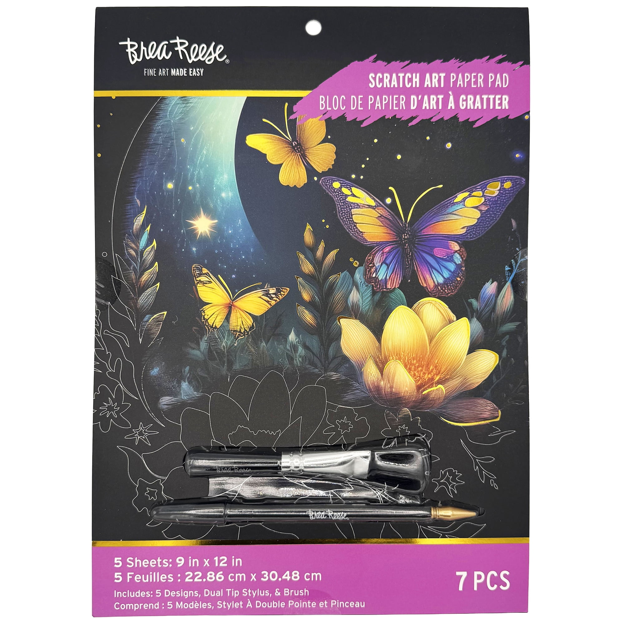 Brea Reese: Scratch Art Paper Pad - Moonlit Creatures - 5 Nature Designs, Metallic Foil, Dual-Tip Stylus & Brush, Easy-to-Frame 9x12 Pgs, Adult Craft