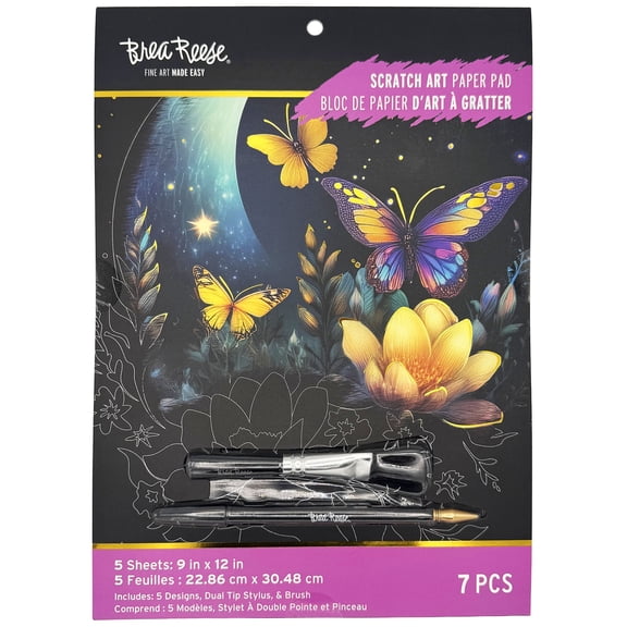 Brea Reese: Scratch Art Paper Pad - Moonlit Creatures - 5 Nature Designs, Metallic Foil, Dual-Tip Stylus & Brush, Easy-to-Frame 9x12 Pgs, Adult Craft