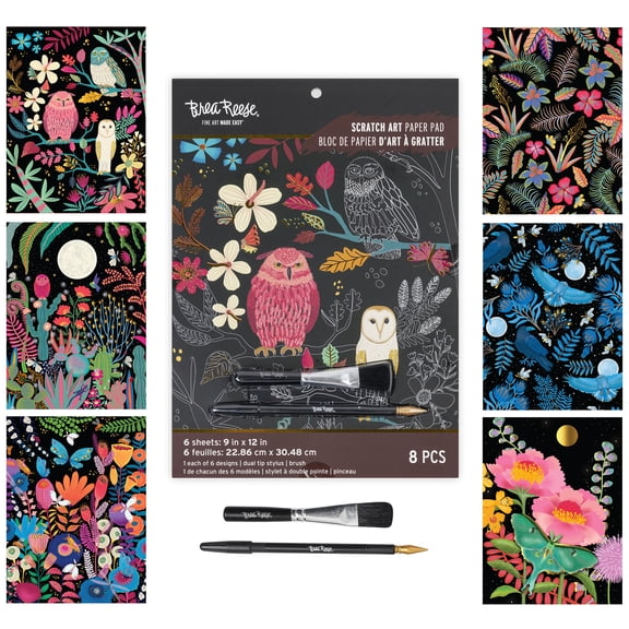 Brea Reese: Scratch Art Paper Pad - Owl & Moon - 6 Designs, Metallic Guided Art, Dual-Tip Stylus & Brush, Easy-to-Frame 9x12" Pages, Adult Craft Kit