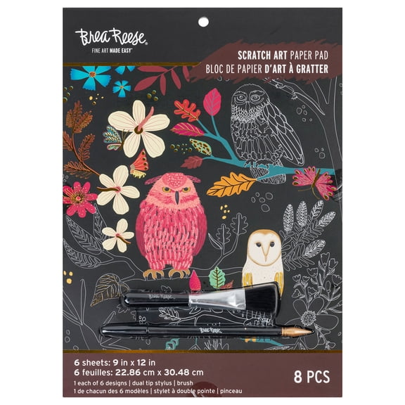 Brea Reese: Scratch Art Paper Pad - Owl & Moon - 6 Designs, Metallic Guided Art, Dual-Tip Stylus & Brush, Easy-to-Frame 9x12" Pages, Adult Craft Kit