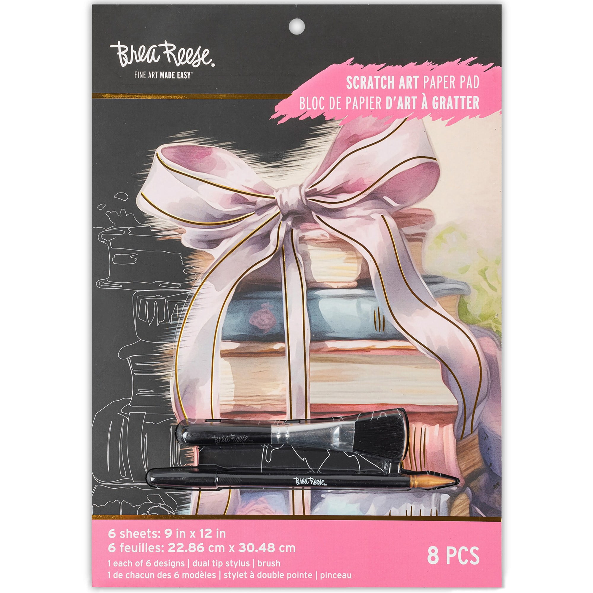 Brea Reese: Scratch Art Paper Pad - Pretty In Pink - 6 Pastel Designs, Guided Art, Metallic Accents, Dual-Tip Stylus & Brush, 9x12" Pages, Adult Craft