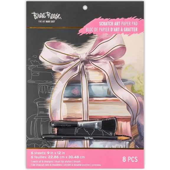 Brea Reese: Scratch Art Paper Pad - Pretty In Pink - 6 Pastel Designs, Guided Art, Metallic Accents, Dual-Tip Stylus & Brush, 9x12" Pages, Adult Craft