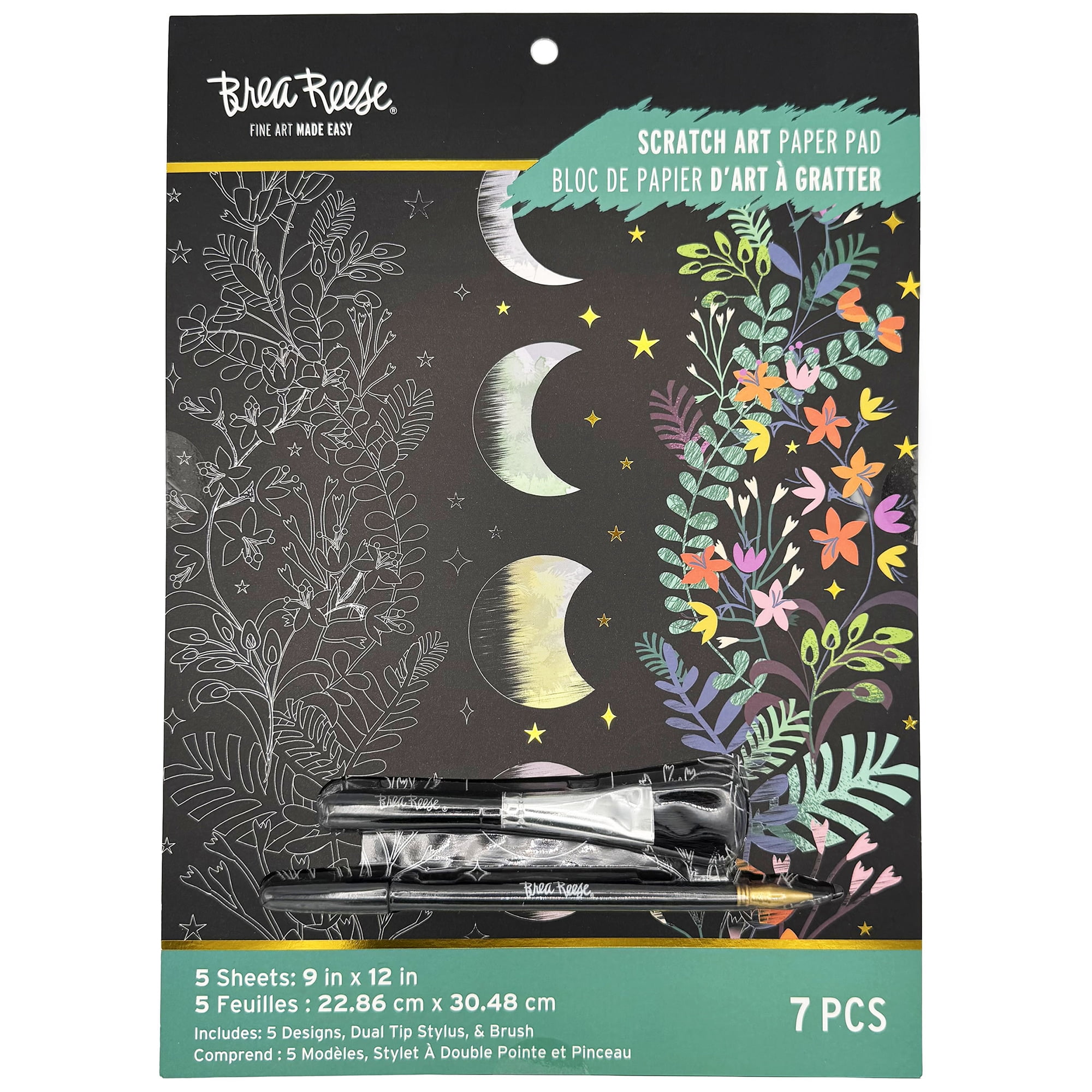Brea Reese: Scratch Art Paper Pad - Spring Celestial - 5 Nature Designs, Metallic Foil, Dual-Tip Stylus & Brush, Easy-to-Frame 9x12 Pages, Adult Craft
